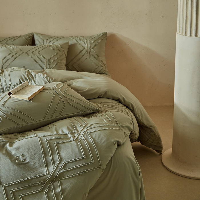 91家纺网 家纺一手货源 找家纺 缘生活 2025新款立体剪花A面剪花面料B面加厚磨毛布料四件套 剪花方格-旧绿