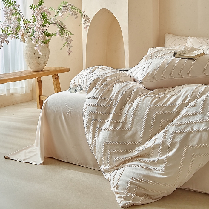 91家纺网 家纺一手货源 找家纺 缘生活 2025新款立体剪花A面剪花面料B面加厚磨毛布料四件套 剪花波浪-卡其