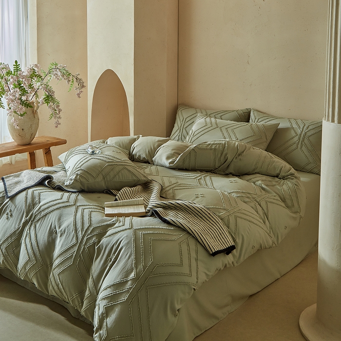 91家纺网 家纺一手货源 找家纺 缘生活 2025新款立体剪花A面剪花面料B面加厚磨毛布料四件套 剪花方格-旧绿