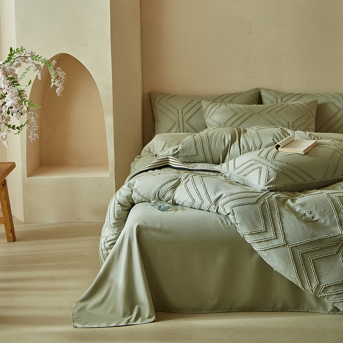 91家纺网 家纺一手货源 找家纺 缘生活 2025新款立体剪花A面剪花面料B面加厚磨毛布料四件套 剪花方格-旧绿