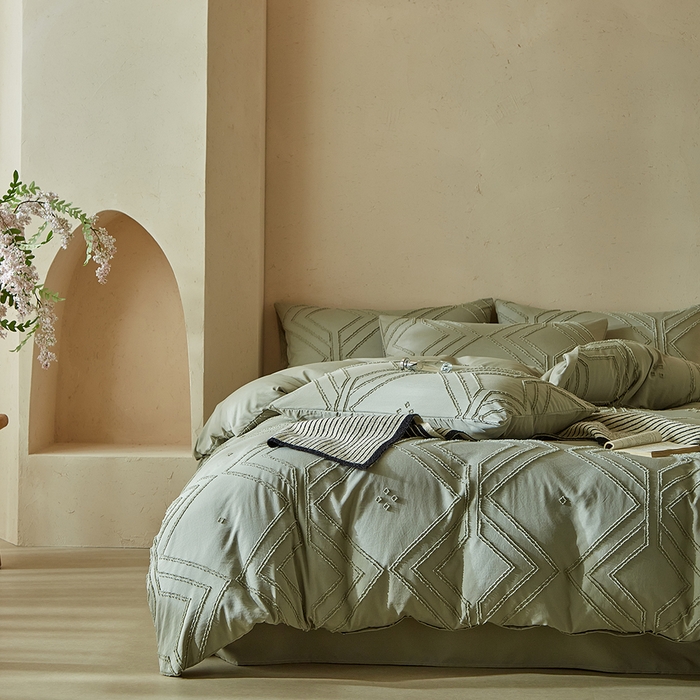 91家纺网 家纺一手货源 找家纺 缘生活 2025新款立体剪花A面剪花面料B面加厚磨毛布料四件套 剪花方格-旧绿