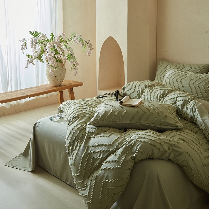 91家纺网 家纺一手货源 找家纺 缘生活 2025新款立体剪花A面剪花面料B面加厚磨毛布料四件套 剪花波浪-旧绿