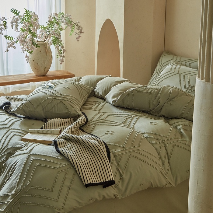 91家纺网 家纺一手货源 找家纺 缘生活 2025新款立体剪花A面剪花面料B面加厚磨毛布料四件套 剪花方格-旧绿