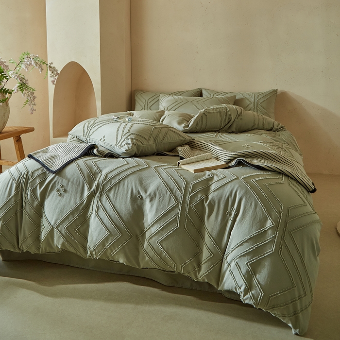 91家纺网 家纺一手货源 找家纺 缘生活 2025新款立体剪花A面剪花面料B面加厚磨毛布料四件套 剪花方格-旧绿