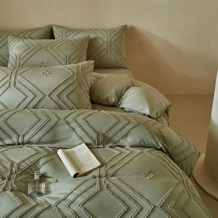 91家纺网 家纺一手货源 找家纺 缘生活 2025新款立体剪花A面剪花面料B面加厚磨毛布料四件套 剪花方格-旧绿