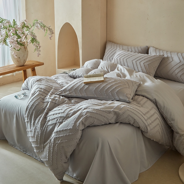 91家纺网 家纺一手货源 找家纺 缘生活 2025新款立体剪花A面剪花面料B面加厚磨毛布料四件套 剪花波浪-浅灰