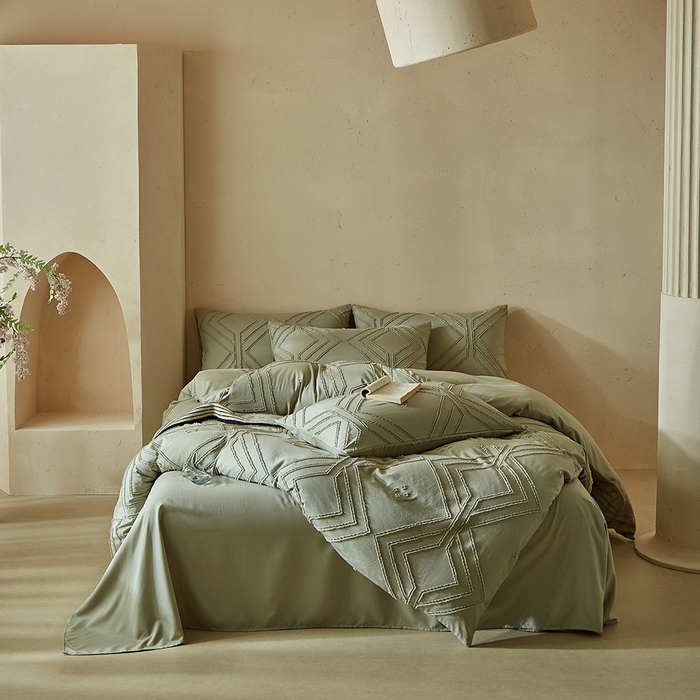 91家纺网 家纺一手货源 找家纺 缘生活 2025新款立体剪花A面剪花面料B面加厚磨毛布料四件套 剪花方格-旧绿