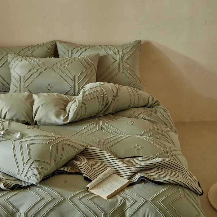 91家纺网 家纺一手货源 找家纺 缘生活 2025新款立体剪花A面剪花面料B面加厚磨毛布料四件套 剪花方格-旧绿