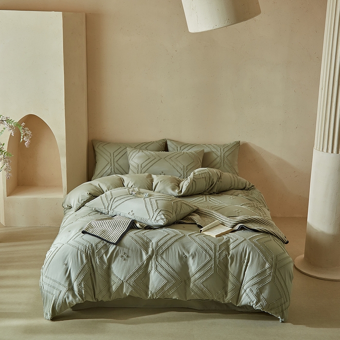 91家纺网 家纺一手货源 找家纺 缘生活 2025新款立体剪花A面剪花面料B面加厚磨毛布料四件套 剪花方格-旧绿