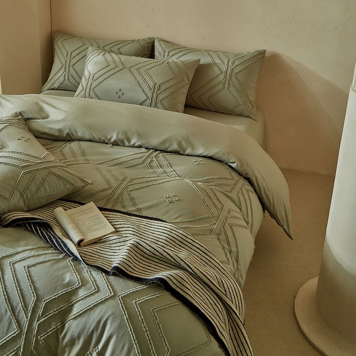 91家纺网 家纺一手货源 找家纺 缘生活 2025新款立体剪花A面剪花面料B面加厚磨毛布料四件套 剪花方格-旧绿