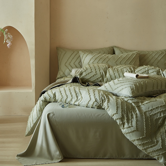 91家纺网 家纺一手货源 找家纺 缘生活 2025新款立体剪花A面剪花面料B面加厚磨毛布料四件套 剪花波浪-旧绿