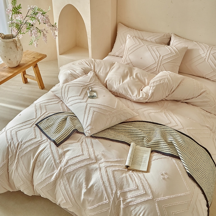 91家纺网 家纺一手货源 找家纺 缘生活 2025新款立体剪花A面剪花面料B面加厚磨毛布料四件套 剪花方格-卡其