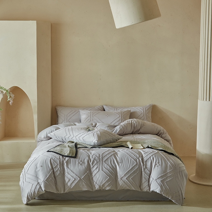 91家纺网 家纺一手货源 找家纺 缘生活 2025新款立体剪花A面剪花面料B面加厚磨毛布料四件套 剪花方格-浅灰