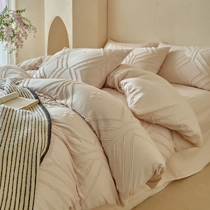 缘生活 2025新款立体剪花A面剪花面料B面加厚磨毛布料四件套 剪花方格-卡其