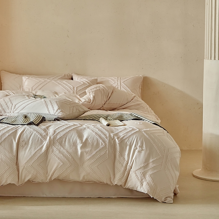 91家纺网 家纺一手货源 找家纺 缘生活 2025新款立体剪花A面剪花面料B面加厚磨毛布料四件套 剪花方格-卡其