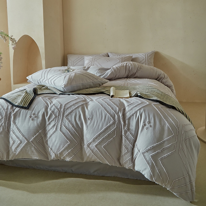 91家纺网 家纺一手货源 找家纺 缘生活 2025新款立体剪花A面剪花面料B面加厚磨毛布料四件套 剪花方格-浅灰