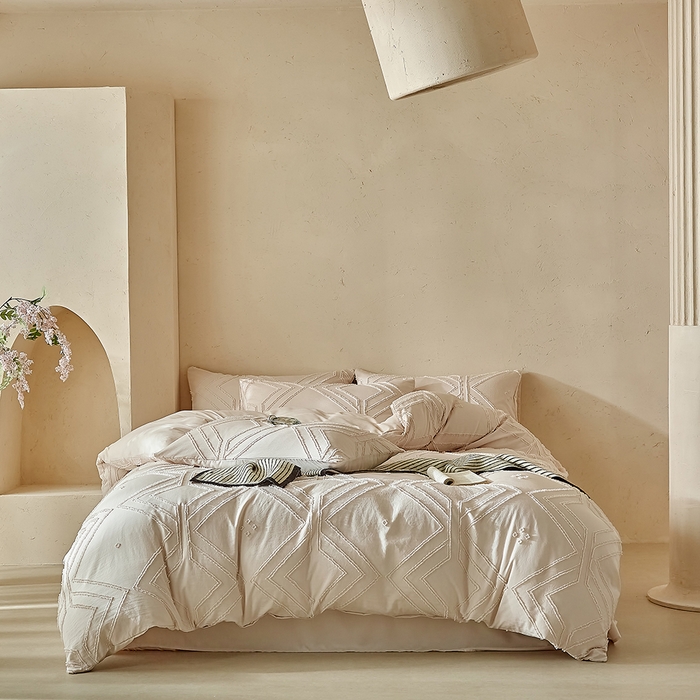 91家纺网 家纺一手货源 找家纺 缘生活 2025新款立体剪花A面剪花面料B面加厚磨毛布料四件套 剪花方格-卡其