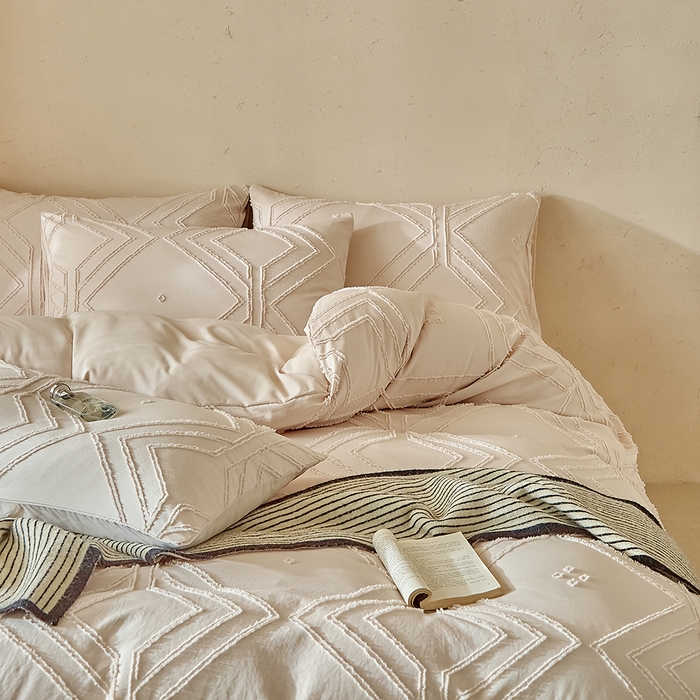 91家纺网 家纺一手货源 找家纺 缘生活 2025新款立体剪花A面剪花面料B面加厚磨毛布料四件套 剪花方格-卡其