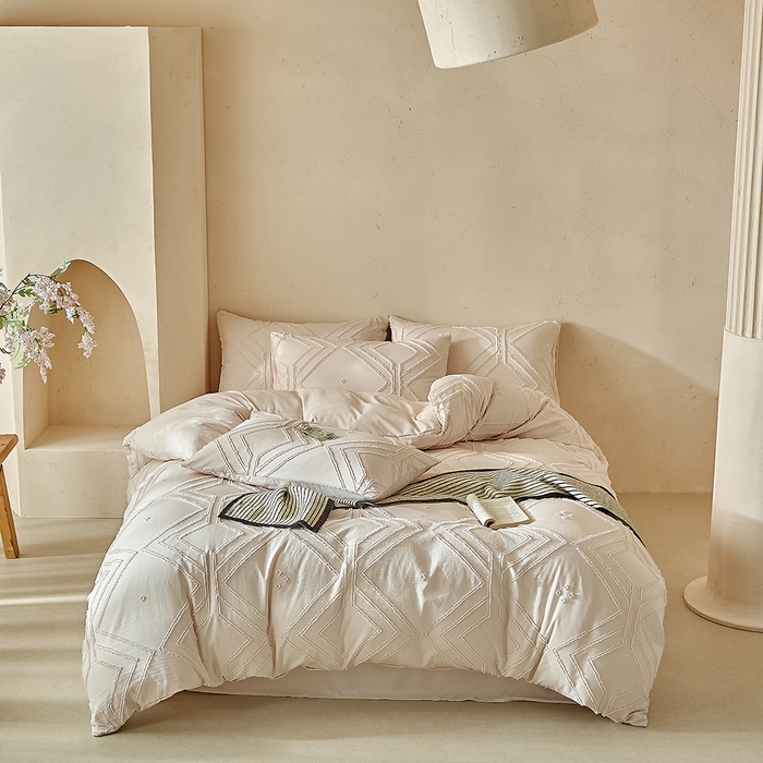 91家纺网 家纺一手货源 找家纺 缘生活 2025新款立体剪花A面剪花面料B面加厚磨毛布料四件套 剪花方格-卡其