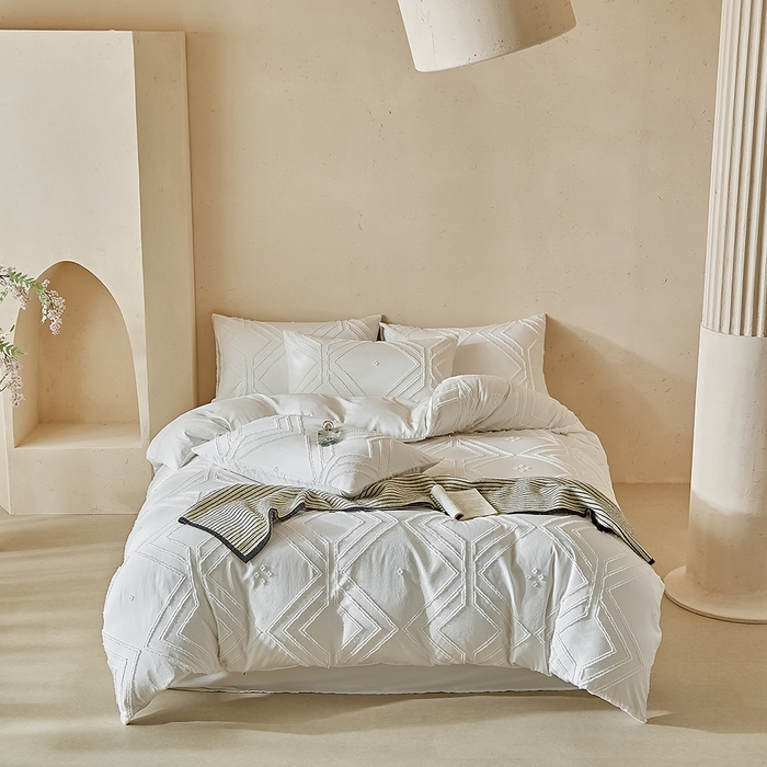 91家纺网 家纺一手货源 找家纺 缘生活 2025新款立体剪花A面剪花面料B面加厚磨毛布料四件套 剪花方格-白色