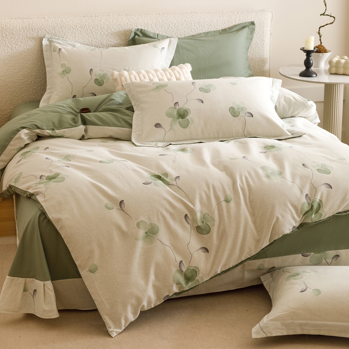 91家纺网 家纺一手货源 找家纺 爱思佳 2025新款加厚全棉纯棉磨毛数码印花四件套 春暖花开-绿