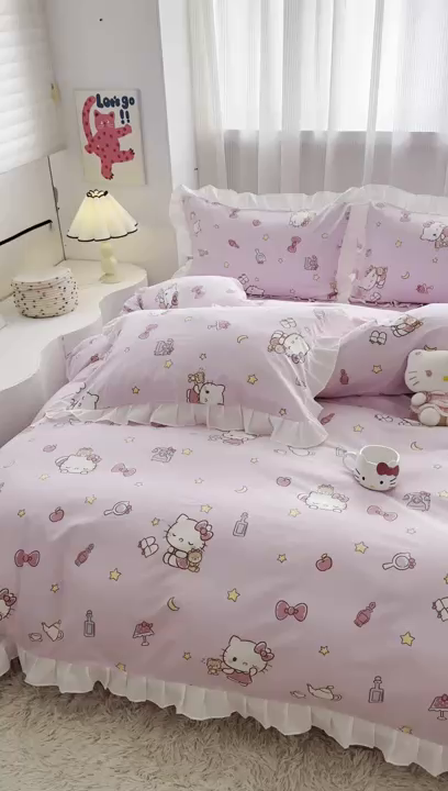 91家纺网 家纺一手货源 找家纺 玉元坊2025新款三丽鸥系列 全棉床单纯棉床裙三四件套  美美凯蒂 花边款