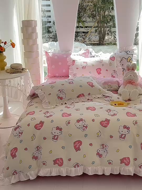 91家纺网 家纺一手货源 找家纺 玉元坊2025新款三丽鸥系列 全棉床单纯棉床裙三四件套  公主kt 花边款