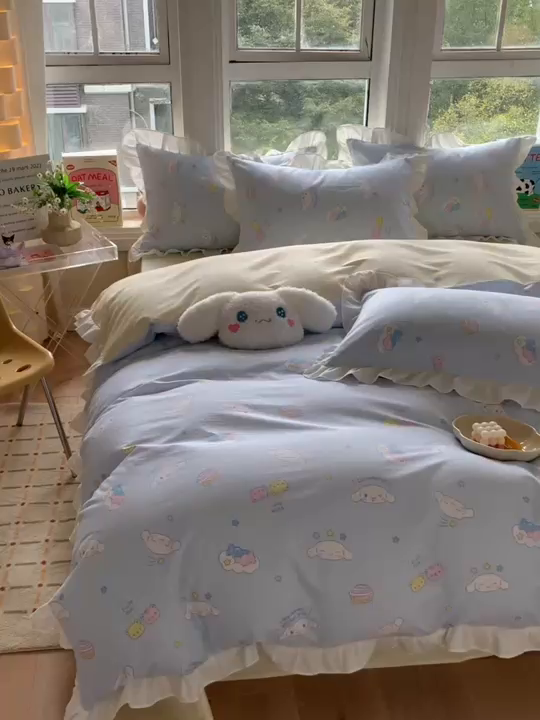 91家纺网 家纺一手货源 找家纺 玉元坊2025新款三丽鸥系列 全棉床单纯棉床裙三四件套  云朵大耳狗【花边款】