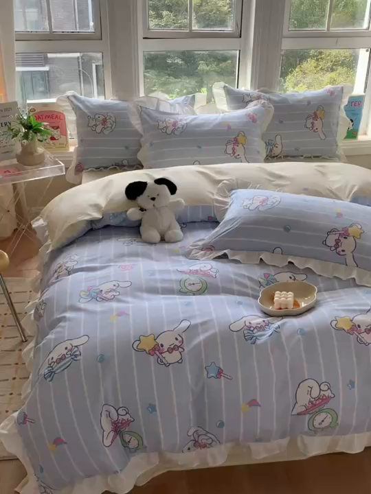 91家纺网 家纺一手货源 找家纺 玉元坊2025新款三丽鸥系列 全棉床单纯棉床裙三四件套  星星大耳狗【花边款】