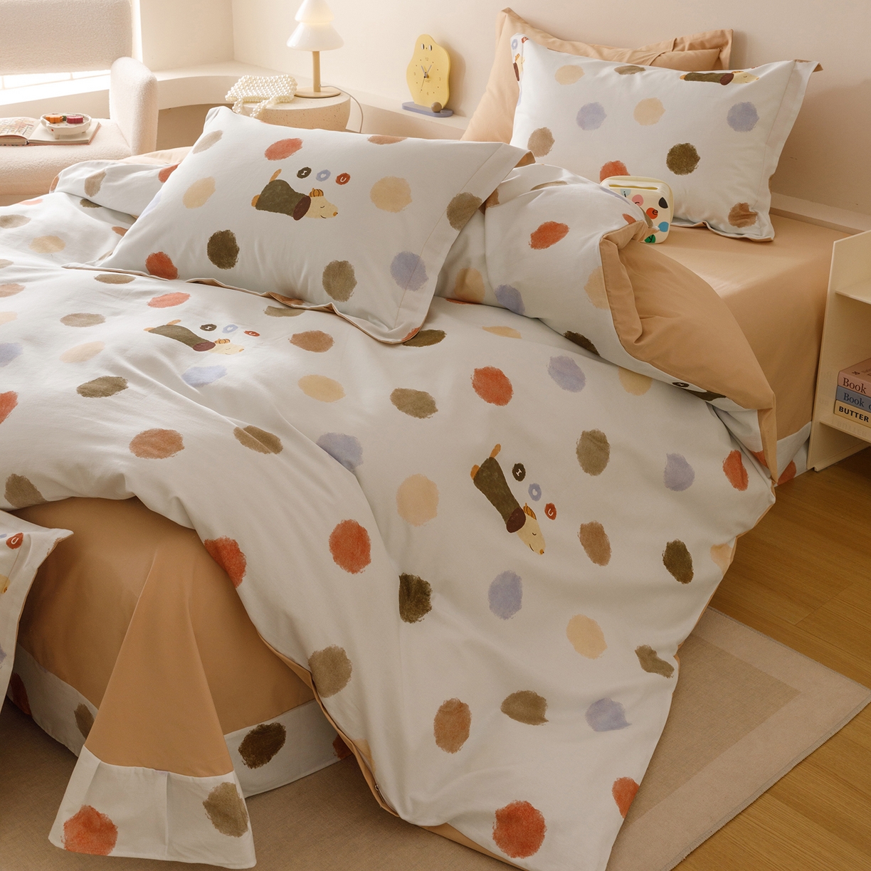 91家纺网 家纺一手货源 找家纺 爱思佳 2025新款加厚全棉纯棉磨毛数码印花四件套 旺仔-桔