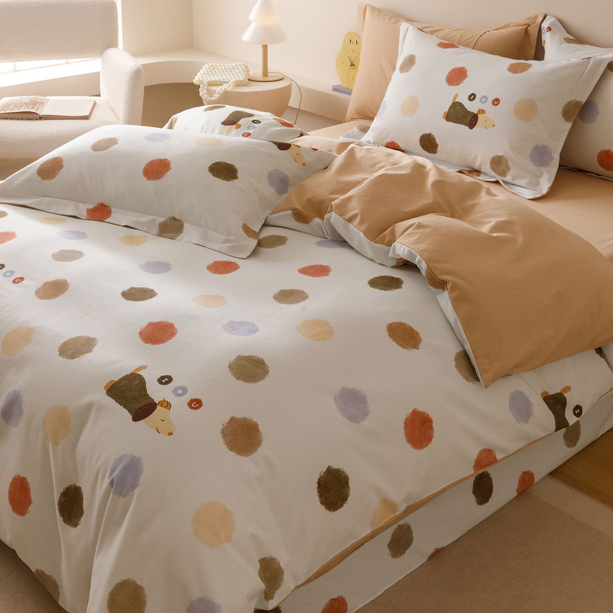 91家纺网 家纺一手货源 找家纺 爱思佳 2025新款加厚全棉纯棉磨毛数码印花四件套 旺仔-桔