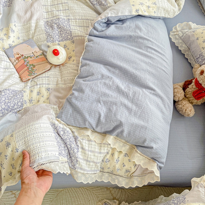 91家纺网 家纺一手货源 找家纺 （总）梦莱斯 2025新款云感木棉皱皱双层纱全棉花边四件套