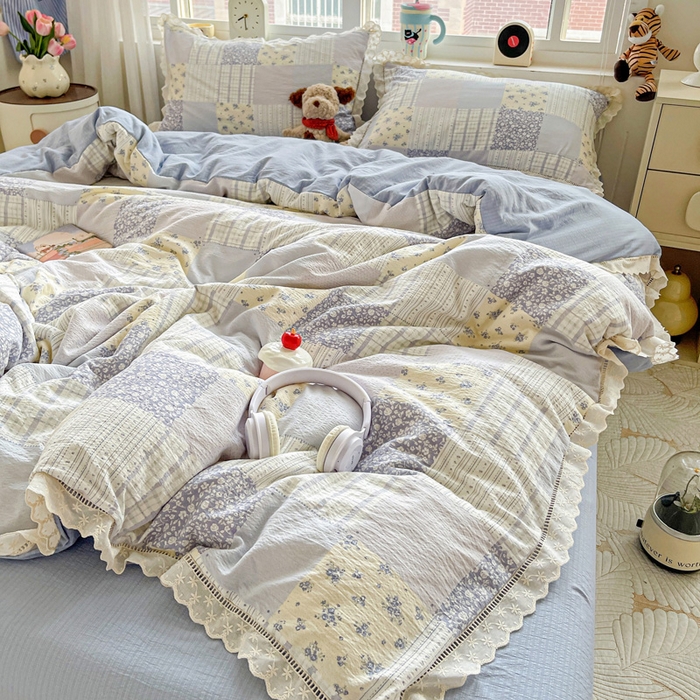 91家纺网 家纺一手货源 找家纺 （总）梦莱斯 2025新款云感木棉皱皱双层纱全棉花边四件套