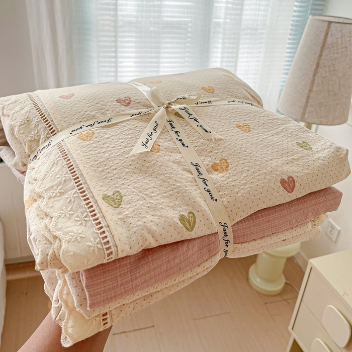 91家纺网 家纺一手货源 找家纺 （总）梦莱斯 2025新款云感木棉皱皱双层纱全棉花边四件套