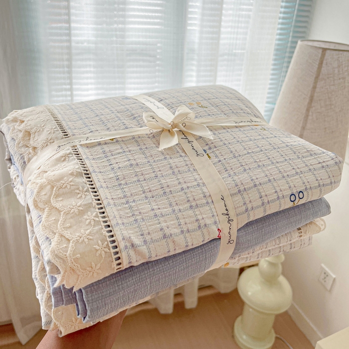 91家纺网 家纺一手货源 找家纺 （总）梦莱斯 2025新款云感木棉皱皱双层纱全棉花边四件套