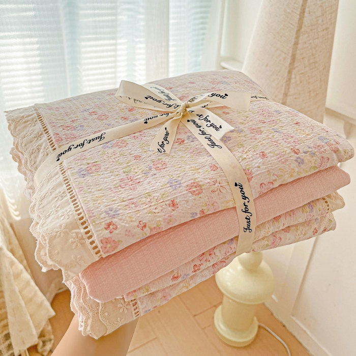 91家纺网 家纺一手货源 找家纺 （总）梦莱斯 2025新款云感木棉皱皱双层纱全棉花边四件套