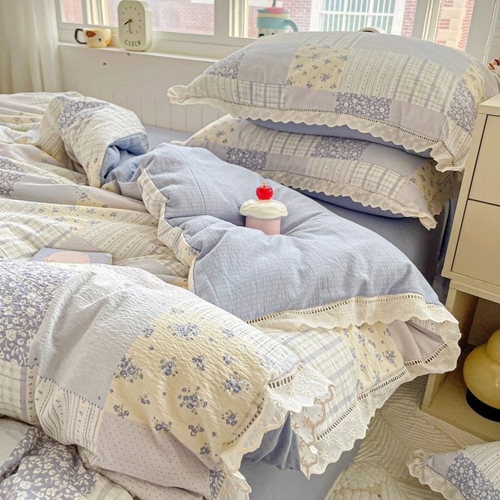 91家纺网 家纺一手货源 找家纺 梦莱斯 2025新款云感木棉皱皱双层纱全棉花边四件套 百福蓝