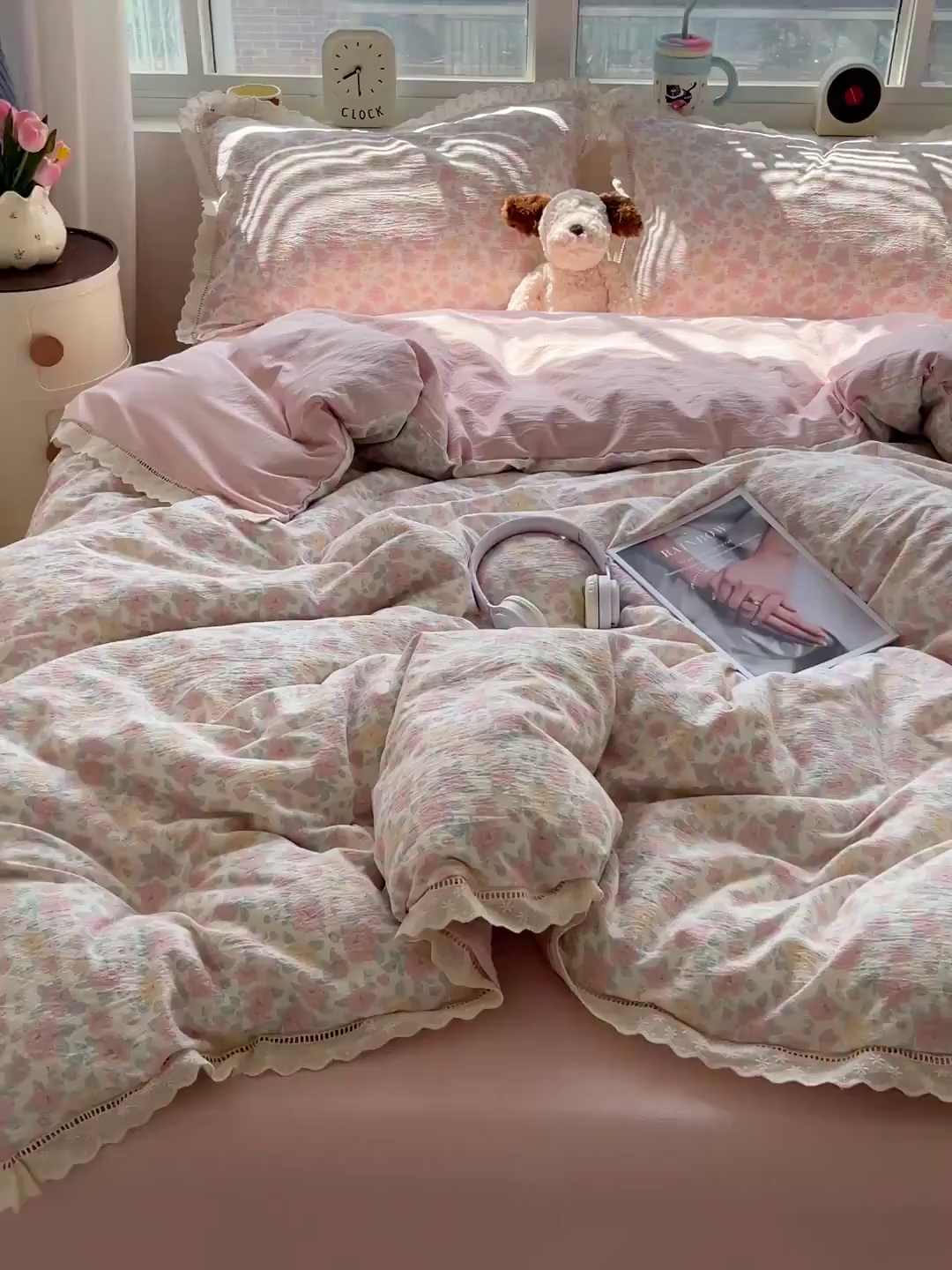 91家纺网 家纺一手货源 找家纺 梦莱斯 2025新款云感木棉皱皱双层纱全棉花边四件套 春风里