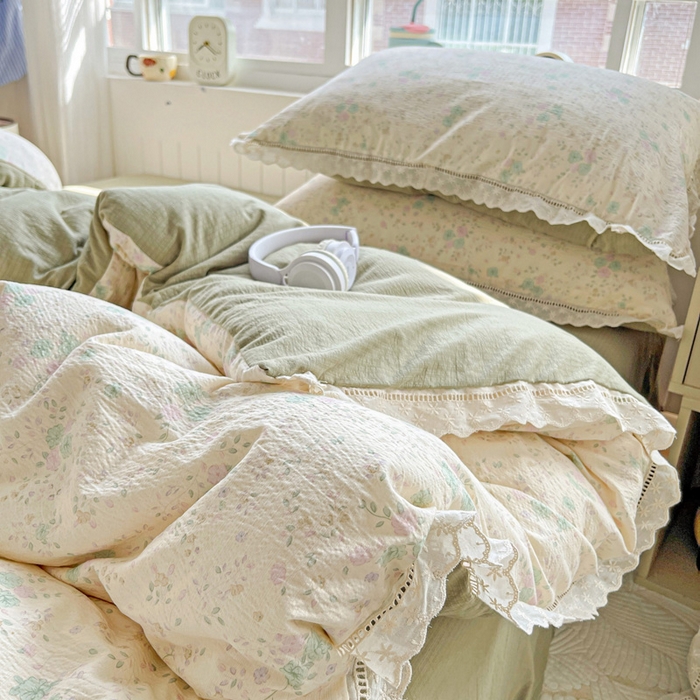 91家纺网 家纺一手货源 找家纺 梦莱斯 2025新款云感木棉皱皱双层纱全棉花边四件套 薄荷微凉