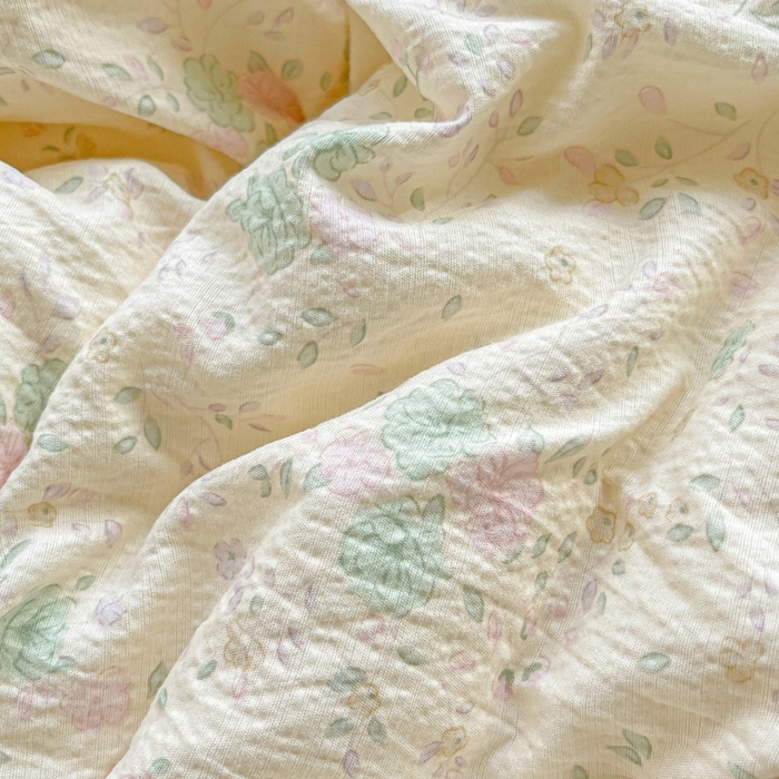 91家纺网 家纺一手货源 找家纺 梦莱斯 2025新款云感木棉皱皱双层纱全棉花边四件套 薄荷微凉