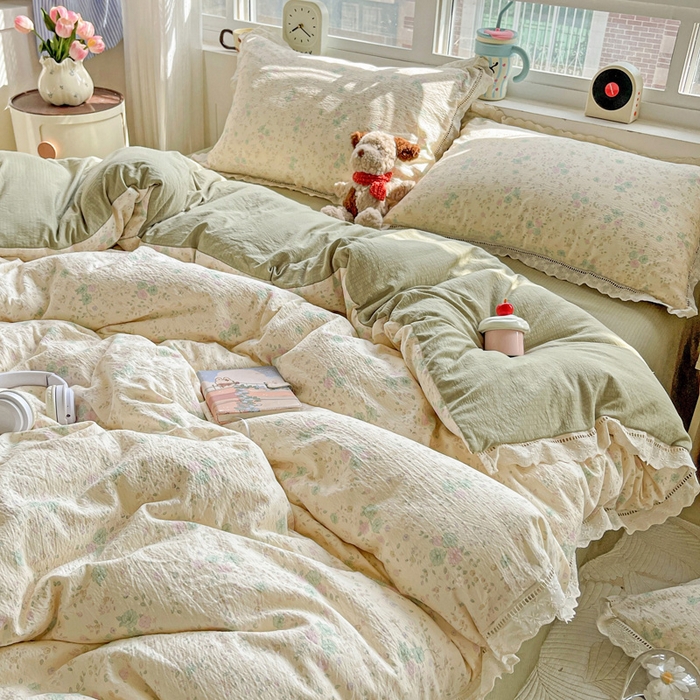 91家纺网 家纺一手货源 找家纺 梦莱斯 2025新款云感木棉皱皱双层纱全棉花边四件套 薄荷微凉