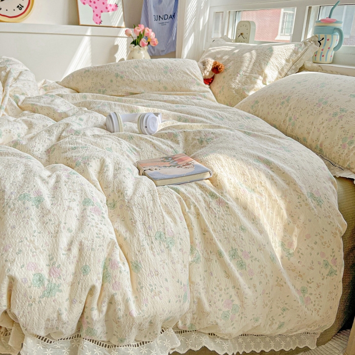 91家纺网 家纺一手货源 找家纺 梦莱斯 2025新款云感木棉皱皱双层纱全棉花边四件套 薄荷微凉