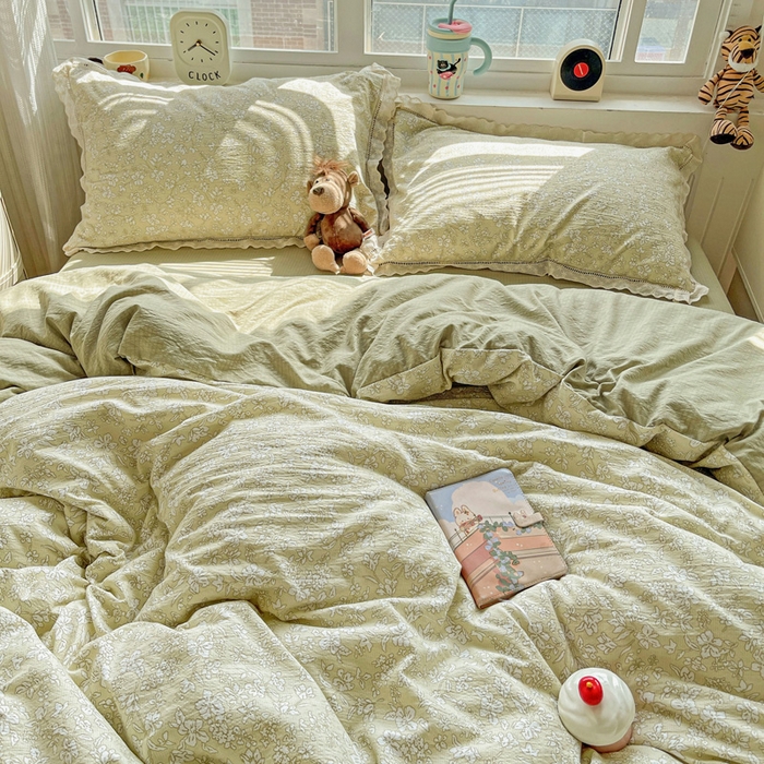 91家纺网 家纺一手货源 找家纺 梦莱斯 2025新款云感木棉皱皱双层纱全棉花边四件套 春晓