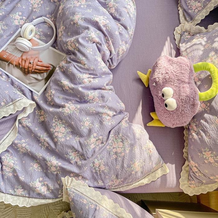 91家纺网 家纺一手货源 找家纺 梦莱斯 2025新款云感木棉皱皱双层纱全棉花边四件套 豆蔻