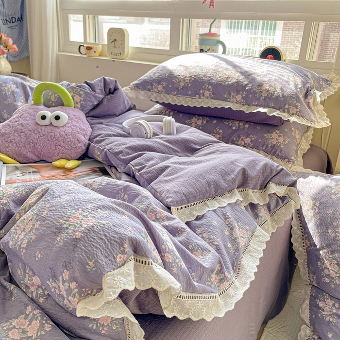 91家纺网 家纺一手货源 找家纺 梦莱斯 2025新款云感木棉皱皱双层纱全棉花边四件套 豆蔻