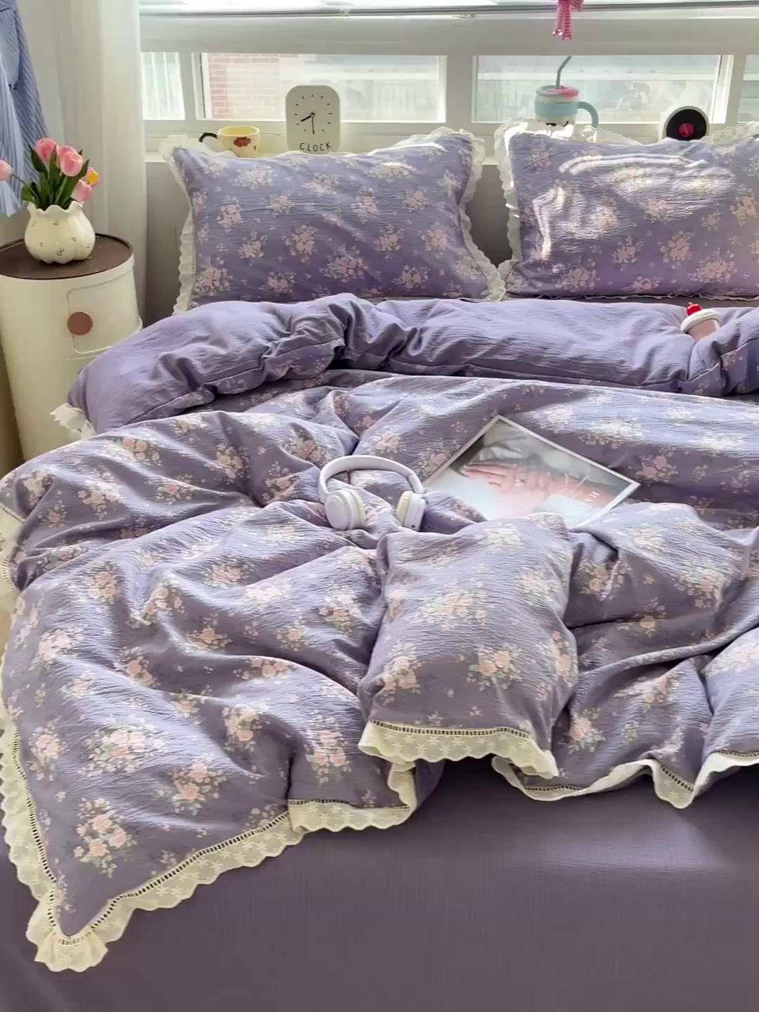 91家纺网 家纺一手货源 找家纺 梦莱斯 2025新款云感木棉皱皱双层纱全棉花边四件套 豆蔻