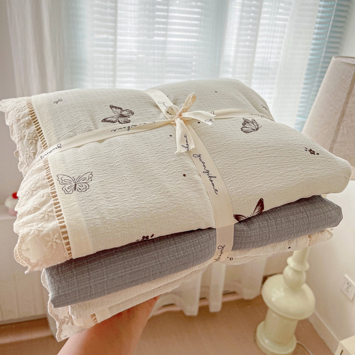 梦莱斯 2025新款云感木棉皱皱双层纱全棉花边四件套 蝴蝶梦