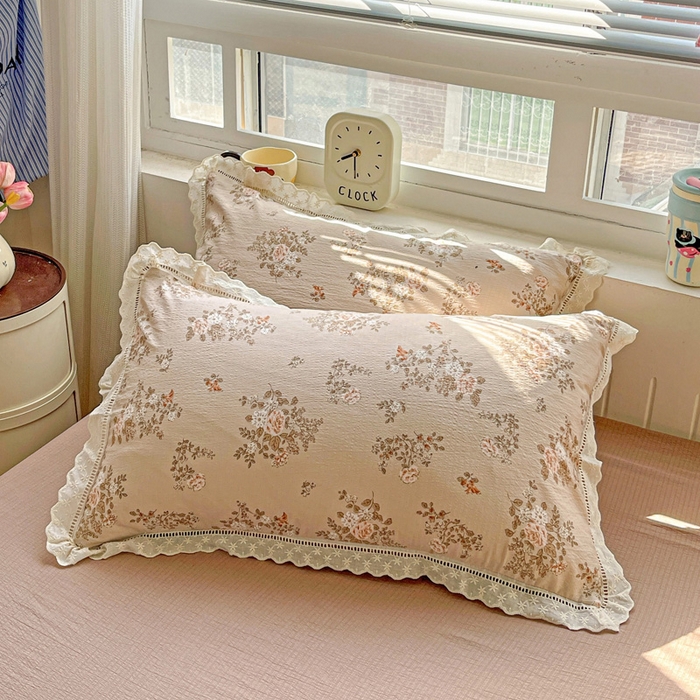 91家纺网 家纺一手货源 找家纺 梦莱斯 2025新款云感木棉皱皱双层纱全棉花边四件套 可颂