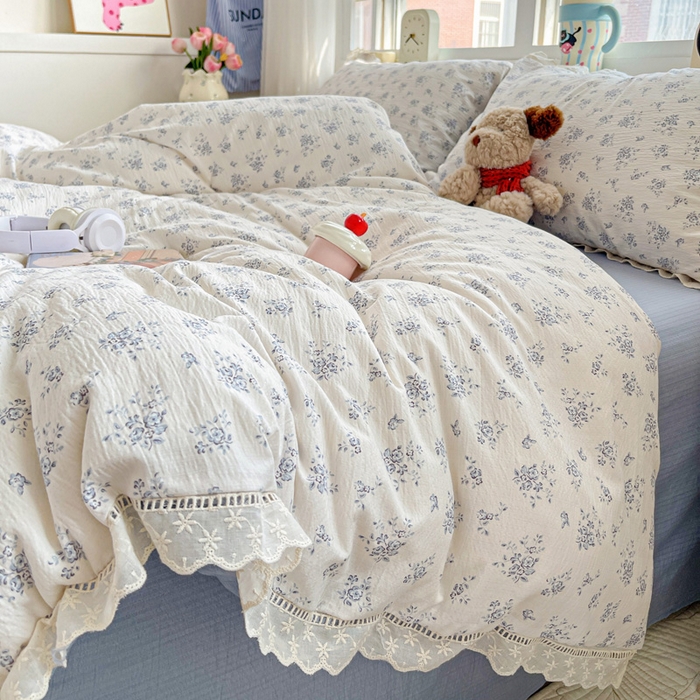 91家纺网 家纺一手货源 找家纺 梦莱斯 2025新款云感木棉皱皱双层纱全棉花边四件套 兰黛