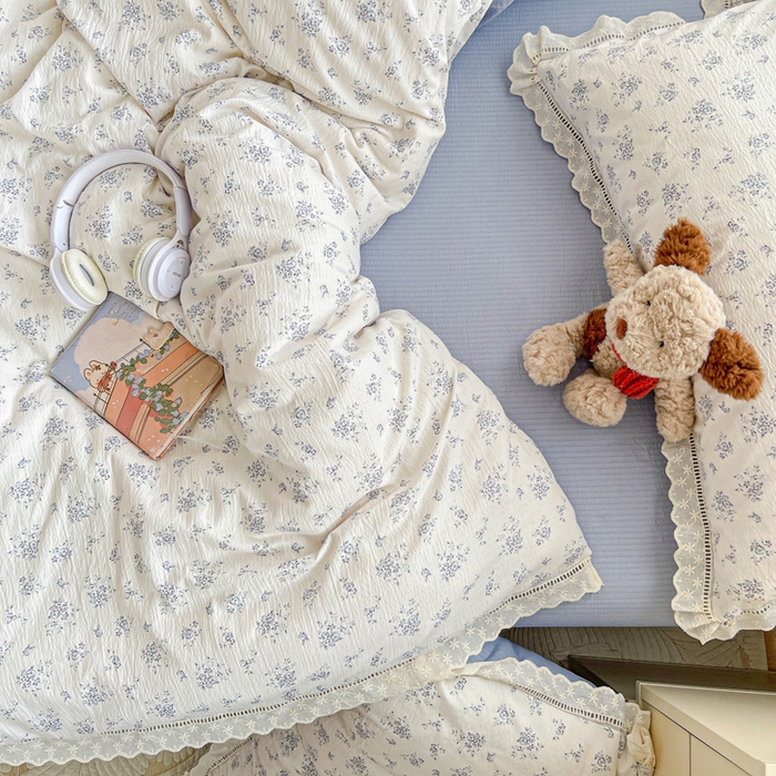 91家纺网 家纺一手货源 找家纺 梦莱斯 2025新款云感木棉皱皱双层纱全棉花边四件套 兰黛